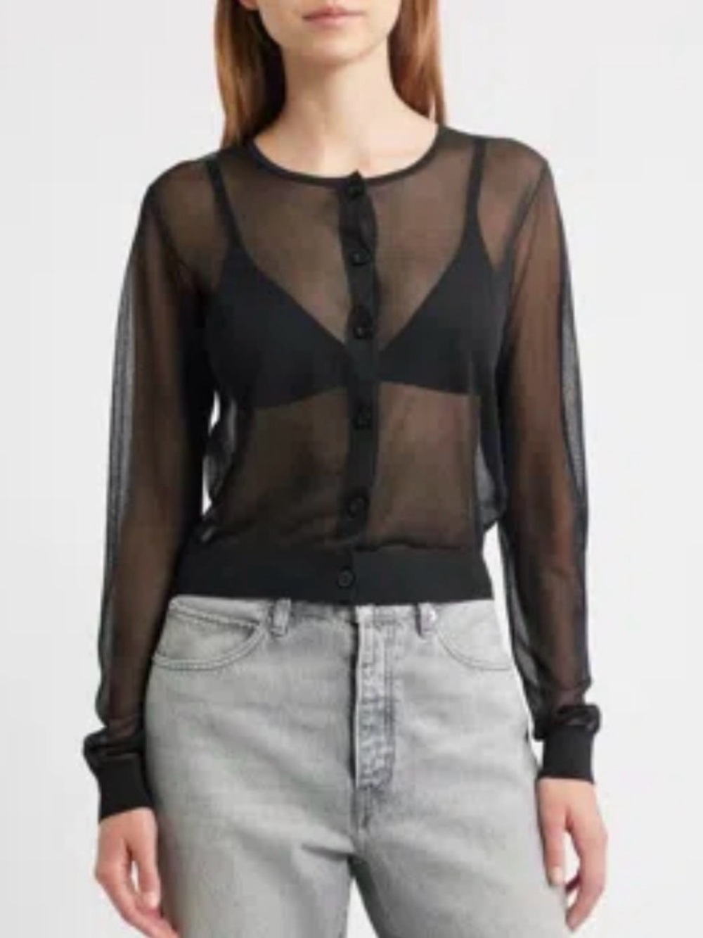 FRAME Black Sheer Button-Up Cropped Cardigan